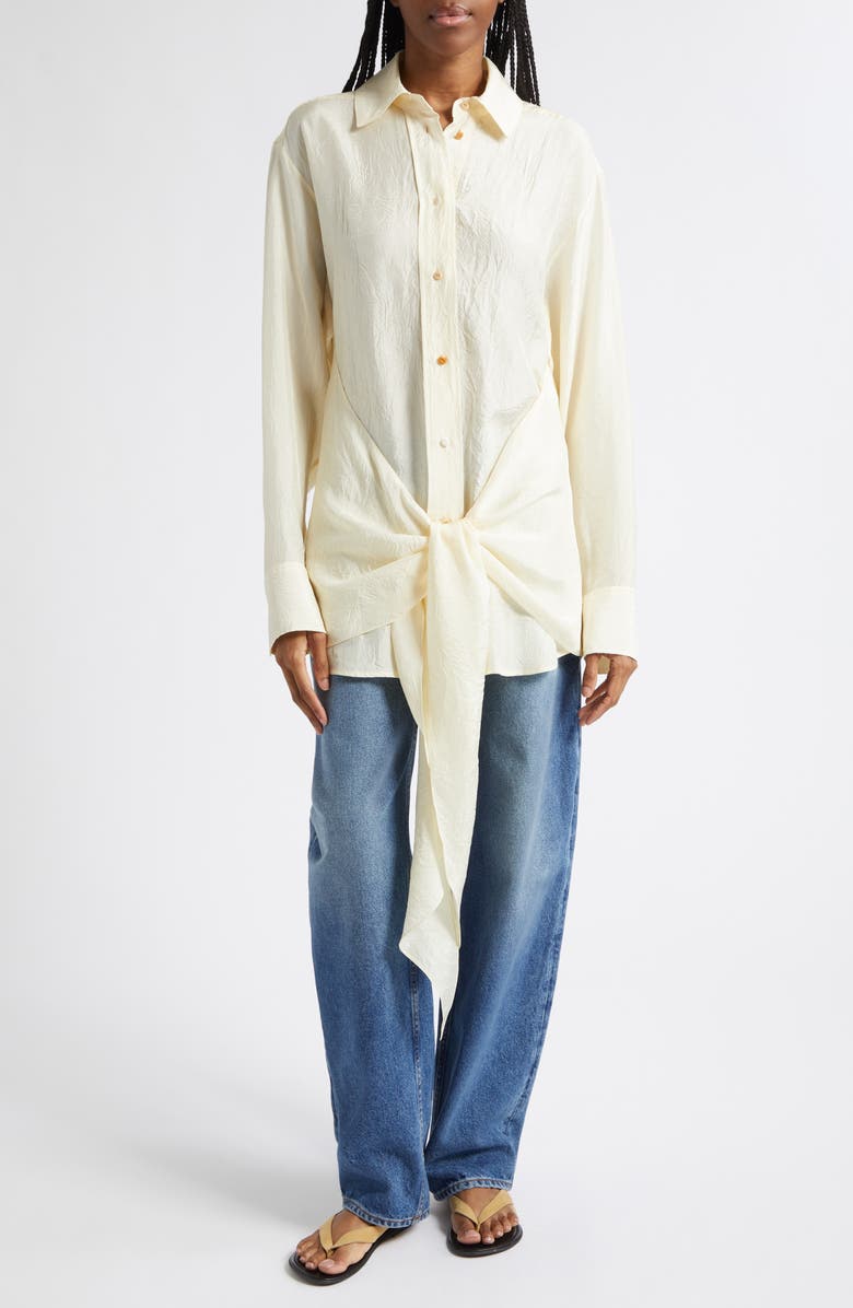 OSSOU Arroyo Tie Front Crinkle Satin Button-Up Shirt, Alternate, color, Ecru
