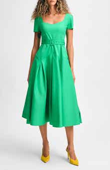 Isaac Mizrahi New York Pleated Belted Fit & Flare Midi Dress
