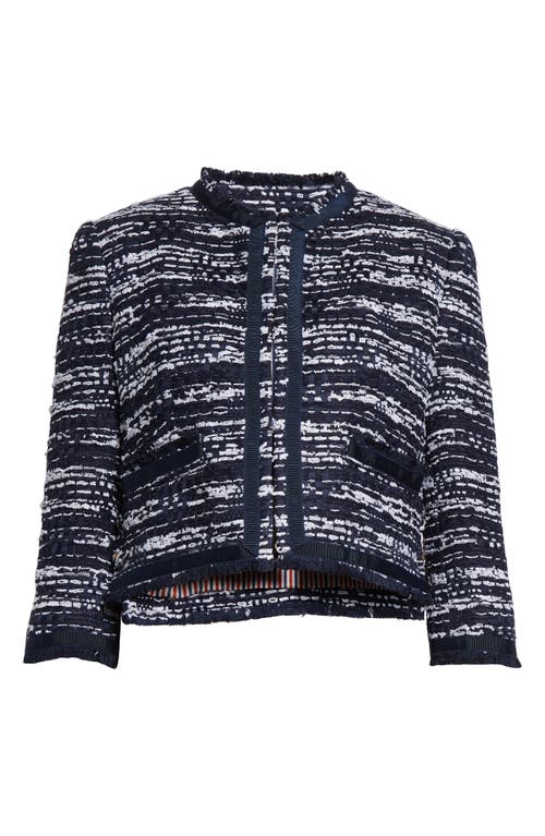 Thom Browne Drop Back Mélange Tulle Yarn Tweed Crop Cardigan Jacket In Navy