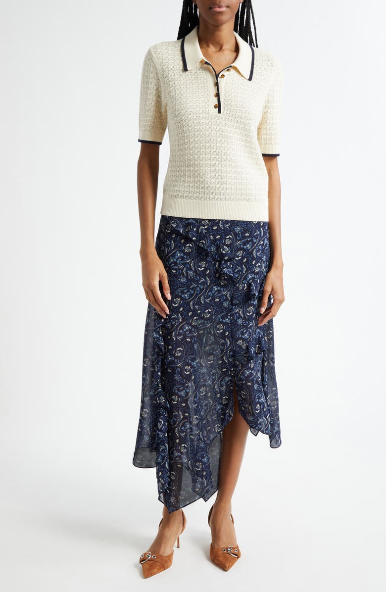 Veronica Beard Elenora Ruffle Floral Paisley Midi Skirt, Alternate, color, Navy Multi