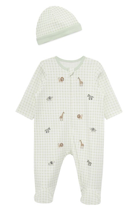 Jungle Grid Embroidered Cotton Footie & Hat Set (Nordstrom Exclusive)