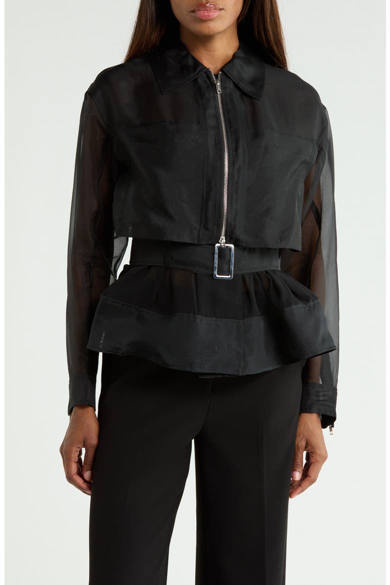 Double Layered Belted Silk Organza Jacket, Main, color, BLACK