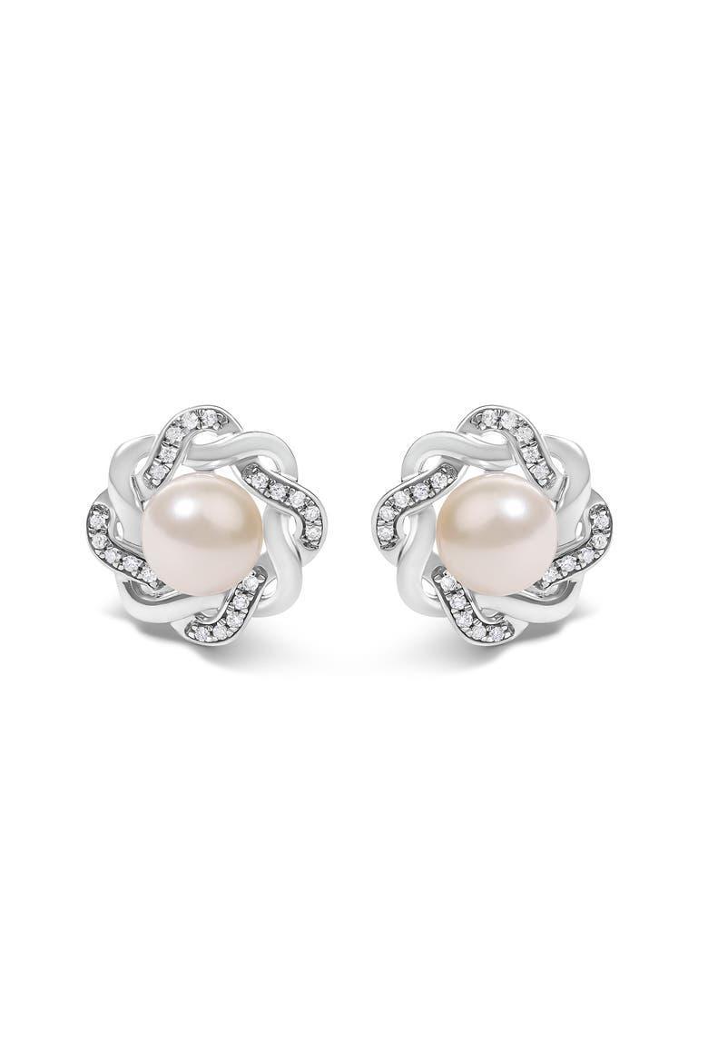 Sterling Silver Pearl and 1/10 Cttw Diamond Floral Twist Stud Earrings, Main, color, Silver
