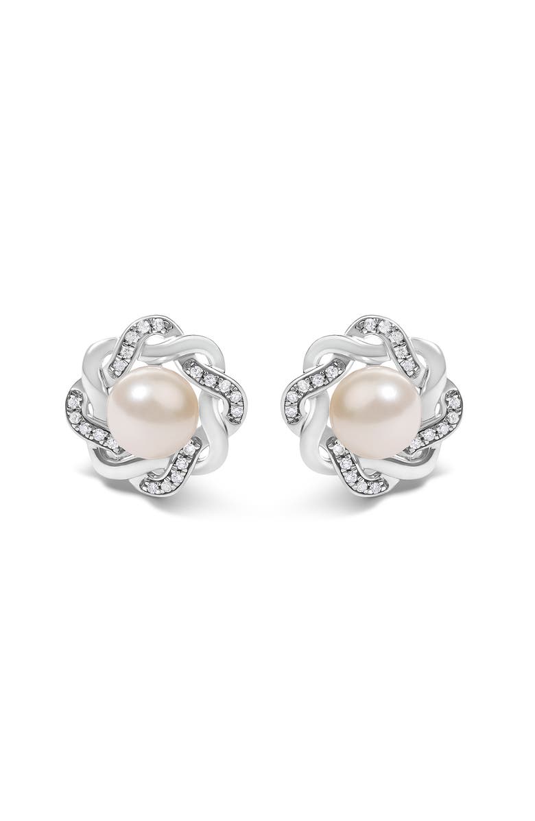 Haus of Brilliance Sterling Silver Pearl and 1/10 Cttw Diamond Floral Twist Stud Earrings, Main, color, Silver