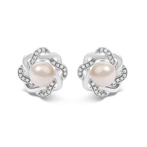 Sterling Silver Pearl and 1/10 Cttw Diamond Floral Twist Stud Earrings