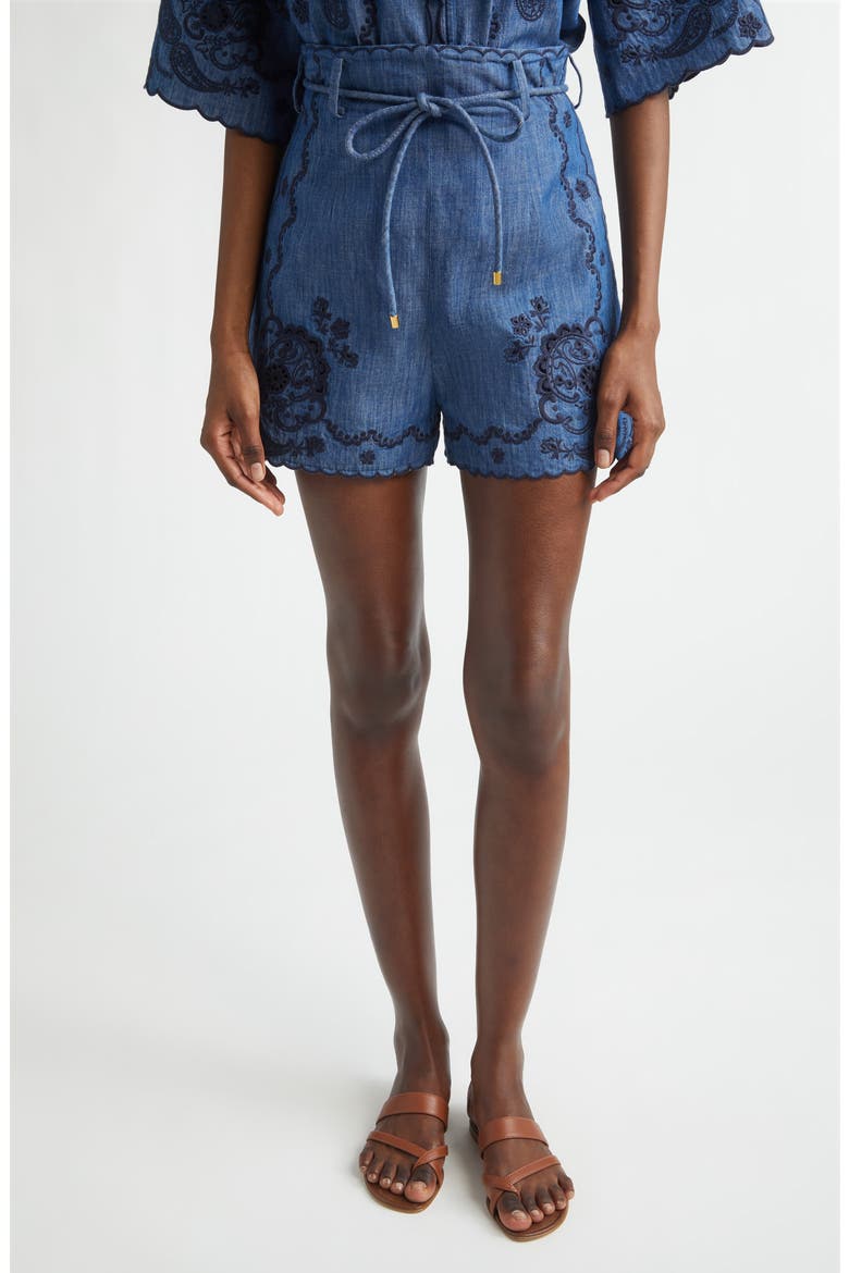 Aster Paisley Embroidered Denim Shorts, Main, color, RAILWAY BLUE