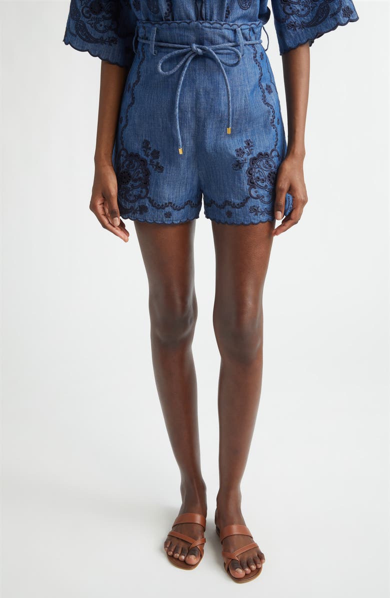 Zimmermann Aster Paisley Embroidered Denim Shorts, Main, color, Railway Blue