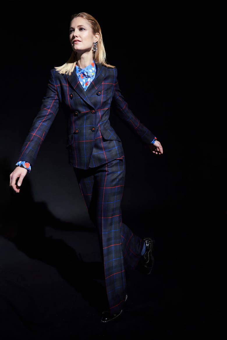 Tartan Wool Pants With Boot Leg, Alternate, color, Blue