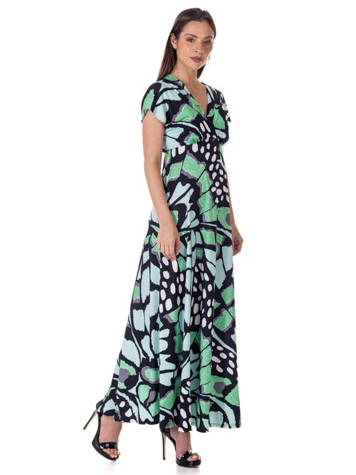 24seven Comfort Apparel Oversized Butterfly Print V-neck Empire Waist Kimono Cap Sleeve Maxi Dress In Multi