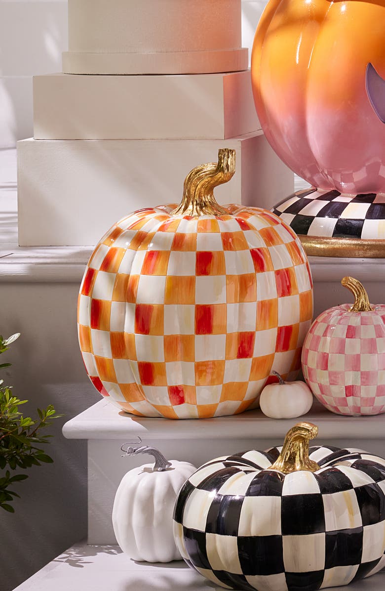MACKENZIE CHILDS Orange Check Large Pumpkin, Alternate, color, Orange