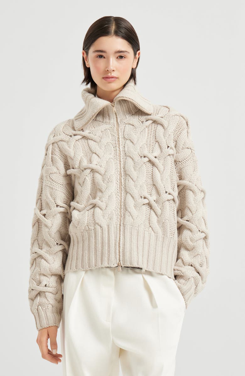 Brunello Cucinelli Crisscross cable cardigan, Alternate, color, Beige