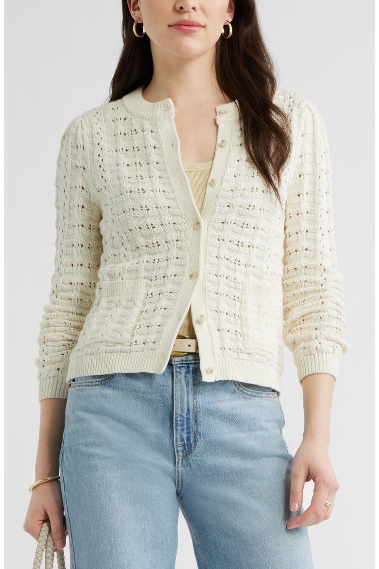 Pointelle Stitch Cotton Cardigan, Main, color, IVORY PRISTINE