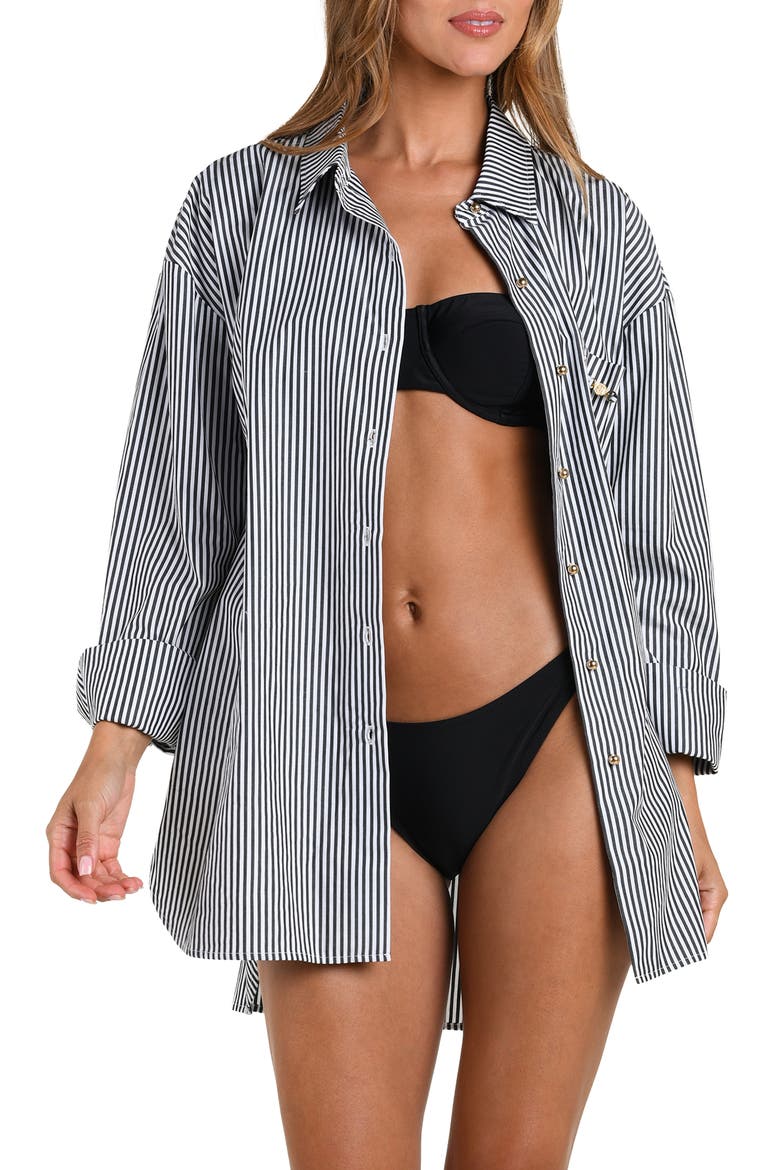 Lorena Voyage Stripe Oversize Cotton Poplin Cover-Up Button-Up Shirt, Main, color, BLACK