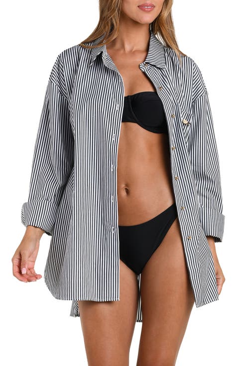 Lorena Voyage Stripe Oversize Cotton Poplin Cover-Up Button-Up Shirt