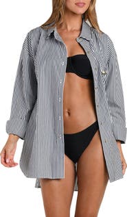 L'AGENCE Lorena Voyage Stripe Oversize Cotton Poplin Cover-Up Button-Up Shirt