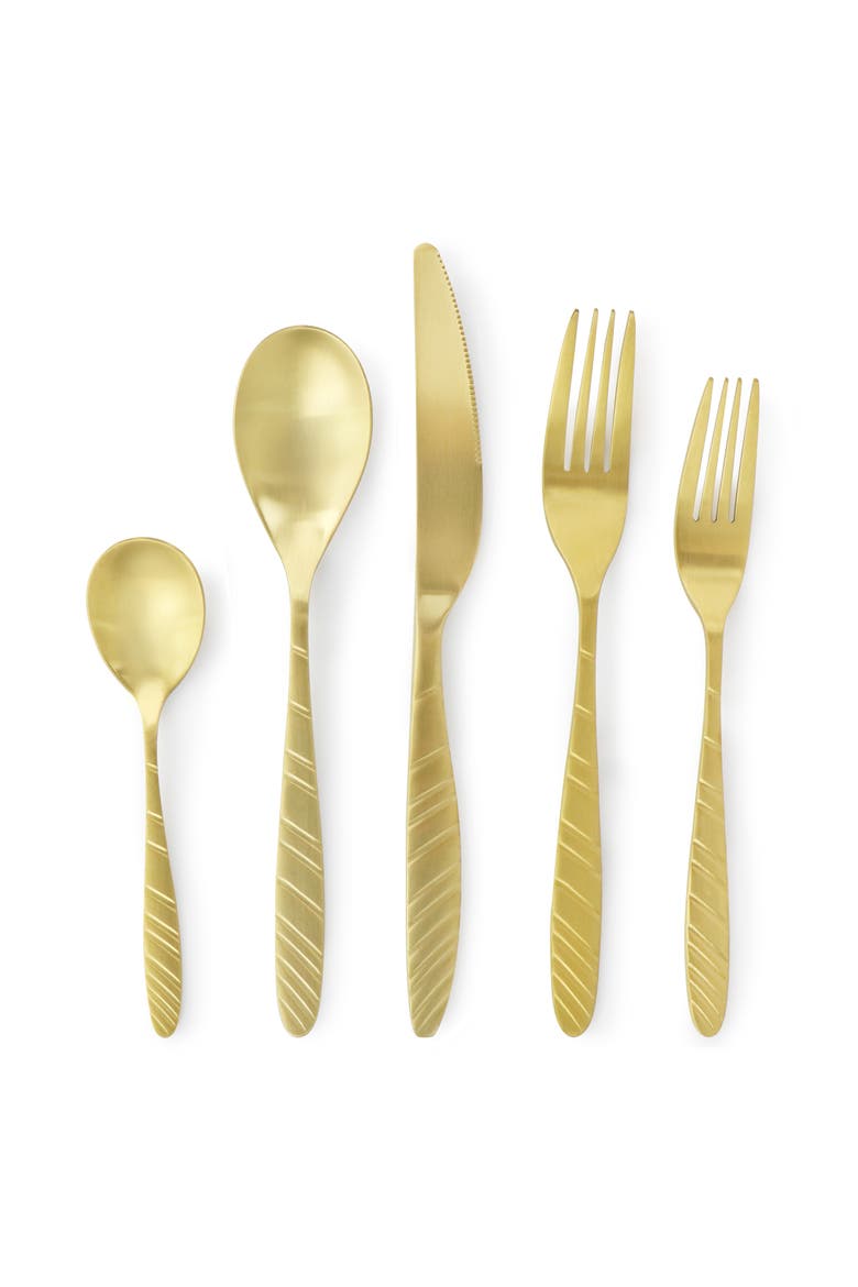 La Vague 20 Piece Flatware Utensil Set, Stainless Steel Silverware Metal Service for 4, Alternate, color, Matte Gold