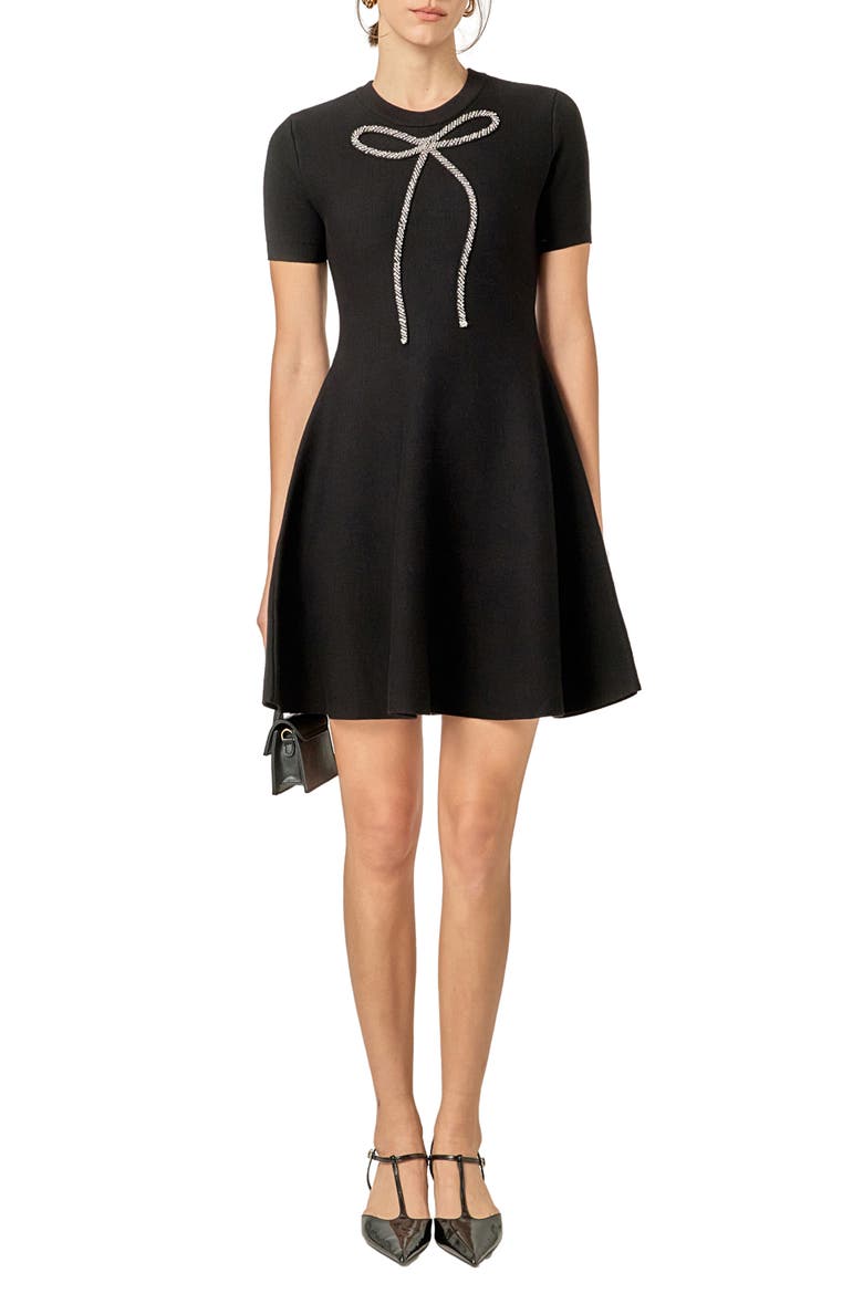 Rhinestone Bow Fit & Flare Knit Dress, Main, color, BLACK