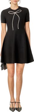English Factory Rhinestone Bow Fit & Flare Knit Dress