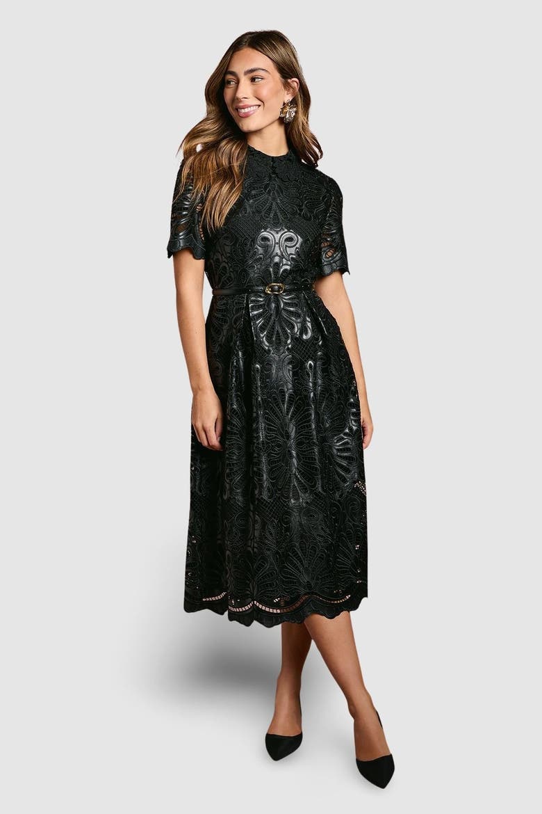 PU Lace Midi Dress, Main, color, Black