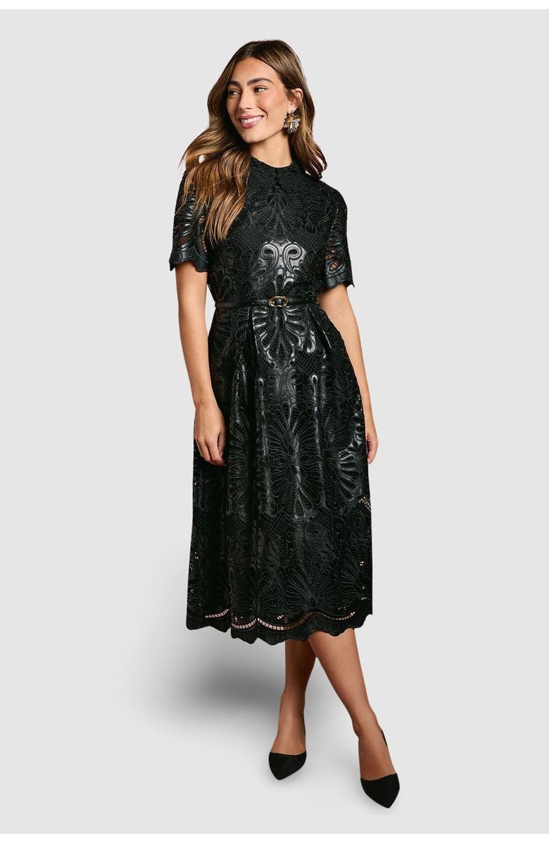 Coast PU Lace Midi Dress With Belt, Main, color, Black
