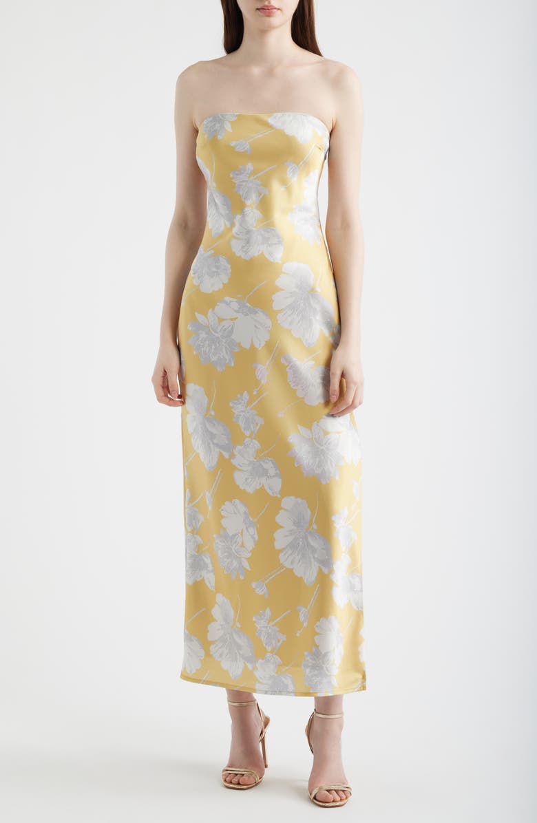 Lulus Whitney Strapless Satin Cocktail Dress, Main, color, Gold Floral