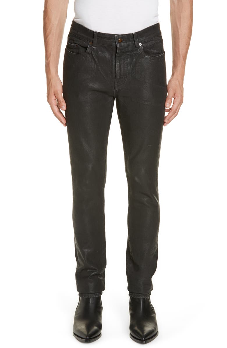 Saint Laurent Wax Coated Skinny Jeans, Main, color, 