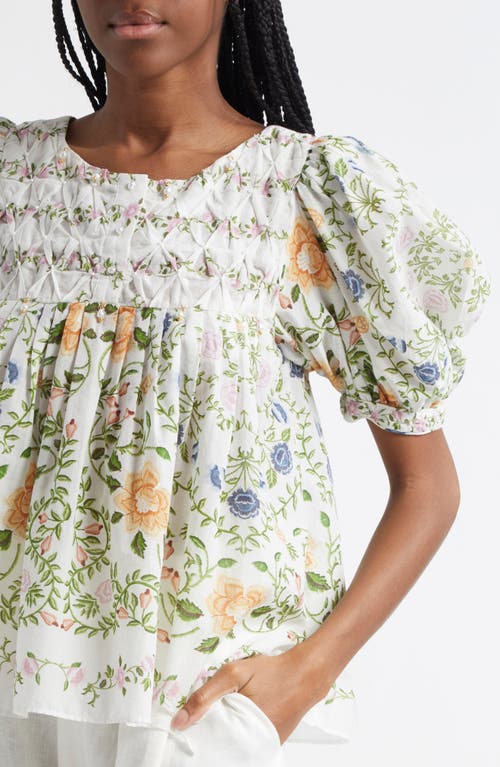 Farm Rio Scoop Neck Short Sleeve Blouse Folk Floral Off-white In Off-white
