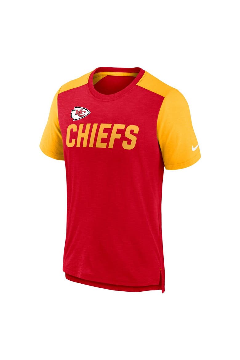 Men's Nike Heathered Red/Heathered Gold Kansas City Chiefs Color Block Team Name T-Shirt, Alternate, color, Heather Red