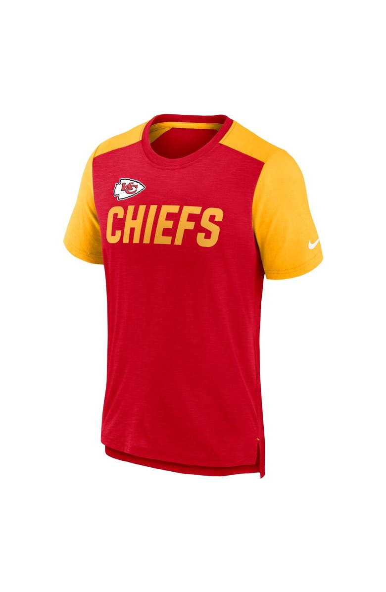 Nike Men's Nike Heathered Red/Heathered Gold Kansas City Chiefs Color Block Team Name T-Shirt, Alternate, color, Heather Red
