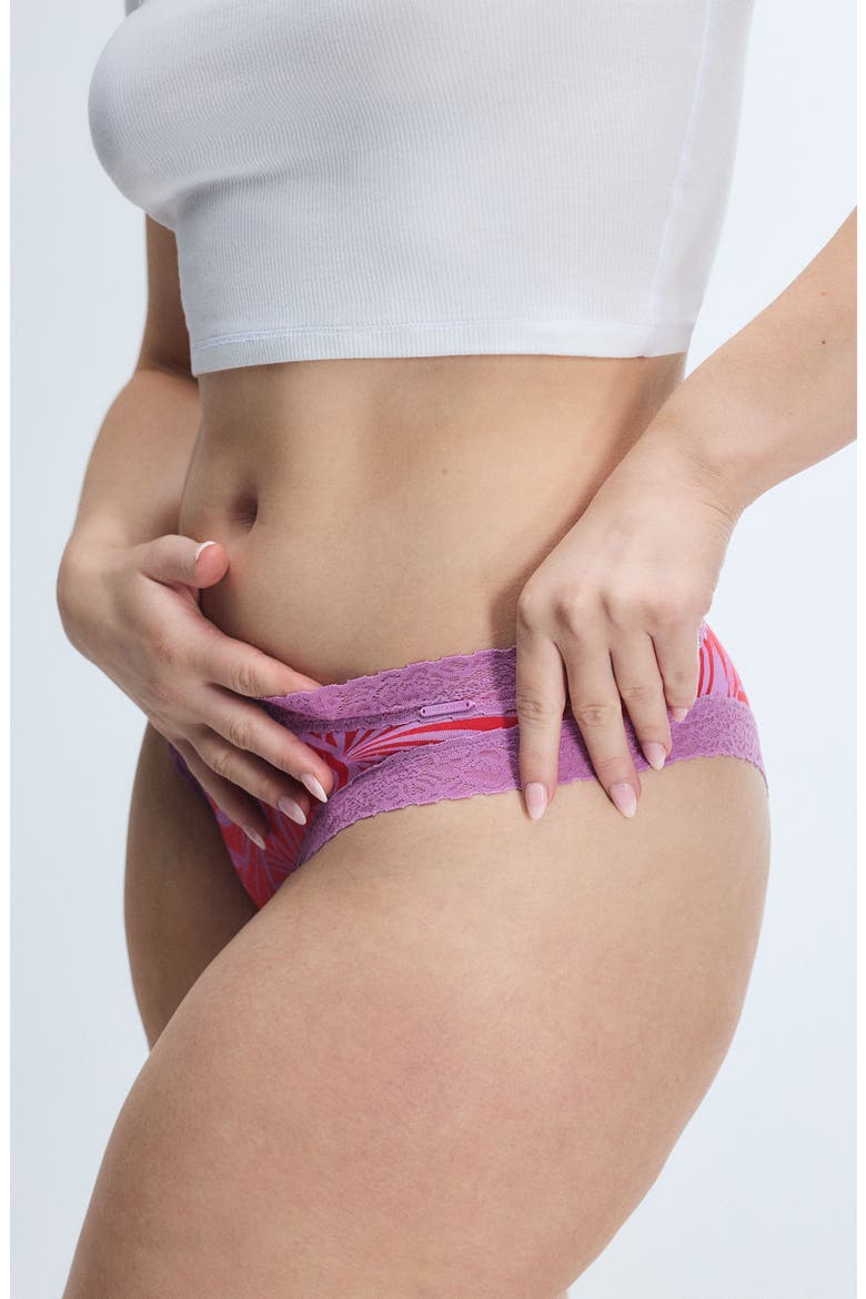 Essentials Lace Trim Stretch Cotton Cheeky Briefs, Alternate, color, AFFECTION RED KEEP PALM PRINT