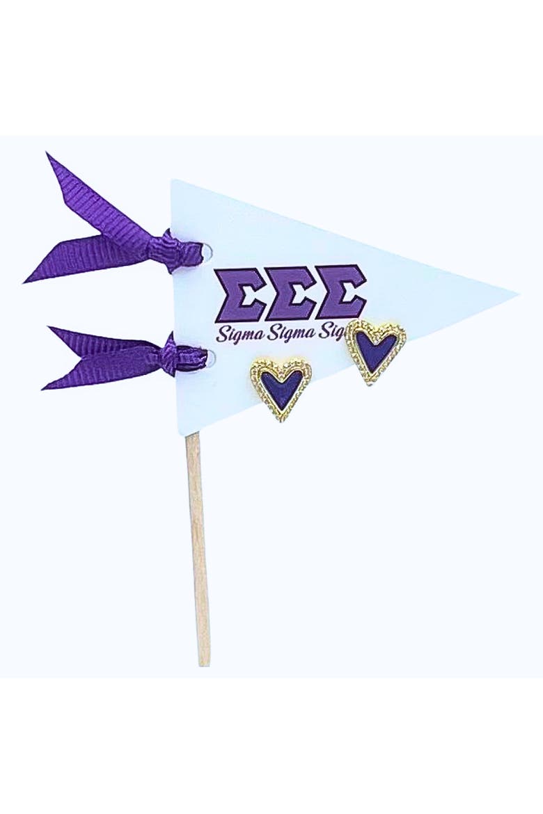 Sigma Sigma Sigma Heart Stud Enamel Earrings on Sorority Pennant Flag, Main, color, Yellow Gold