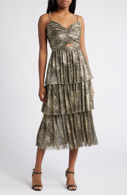 MOON RIVER Metallic Tiered Maxi Dress in Black Gold 