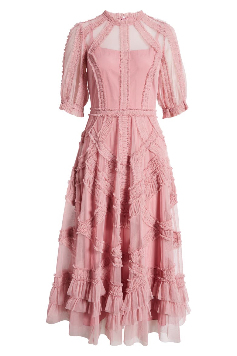 High Neck Puff Sleeve Ruffle Tiered Midi Dress, Alternate, color, ANTIQUE ROSE