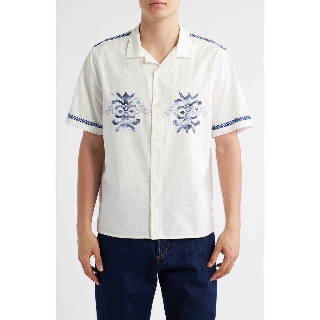 Wax London Didcot Crest Motif Short Sleeve Camp Shirt In White