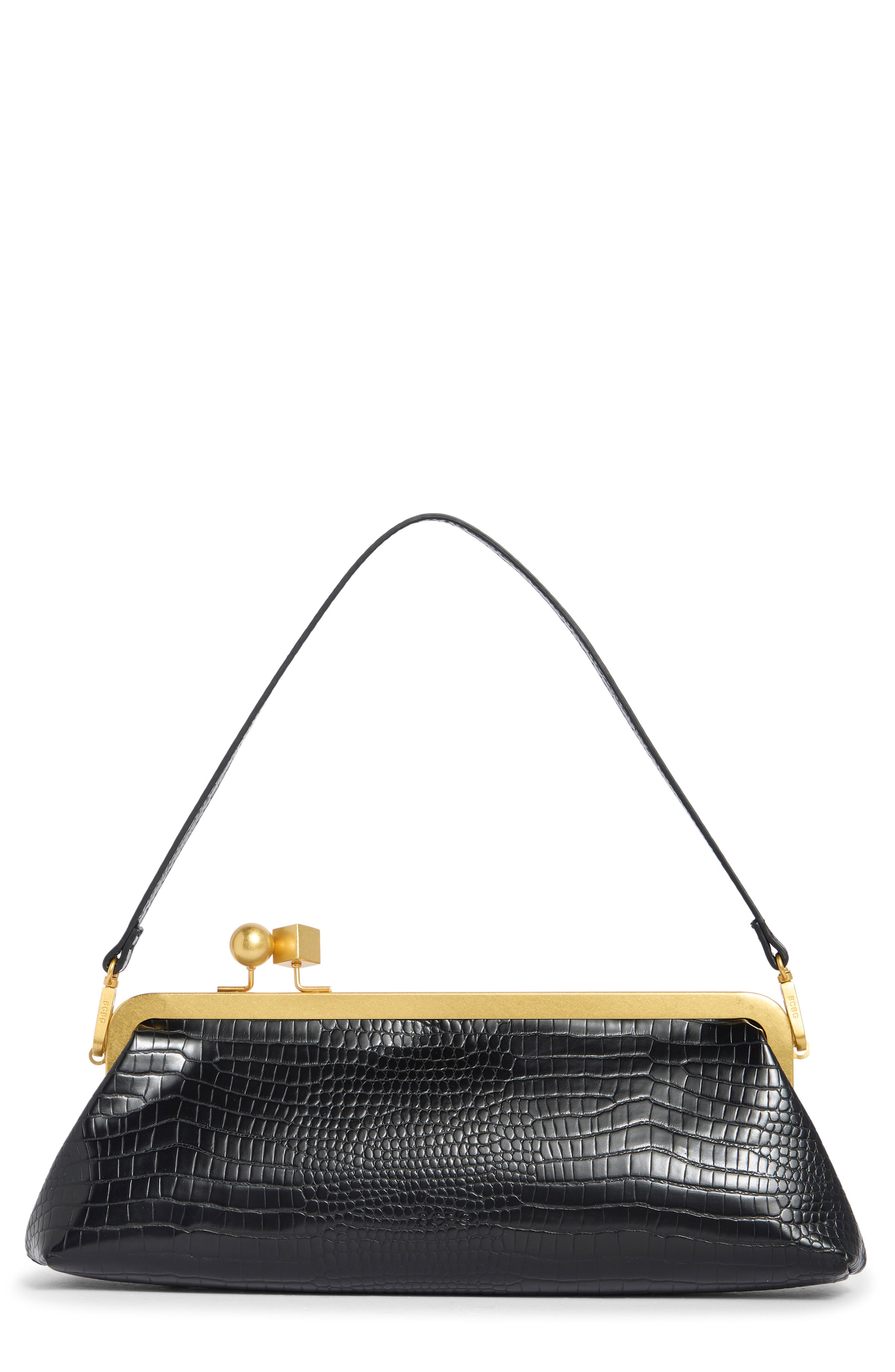 Croc Embossed Faux Leather East West Frame Shoulder Bag, Main, color, BLACK CROCO