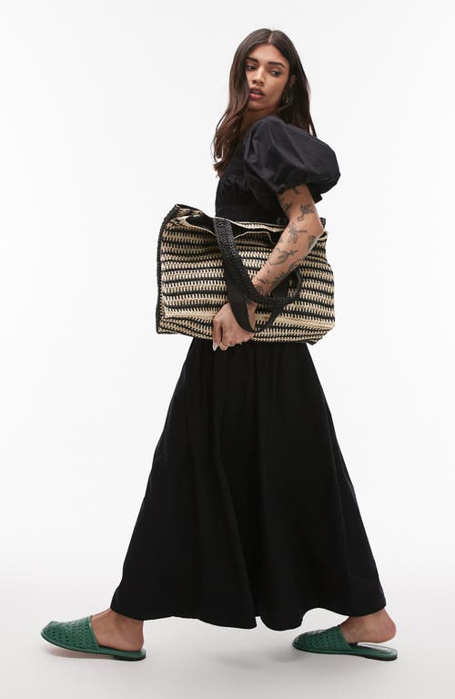 Topshop Puff Sleeve Square Neck Shirred Midi Dress In Black
