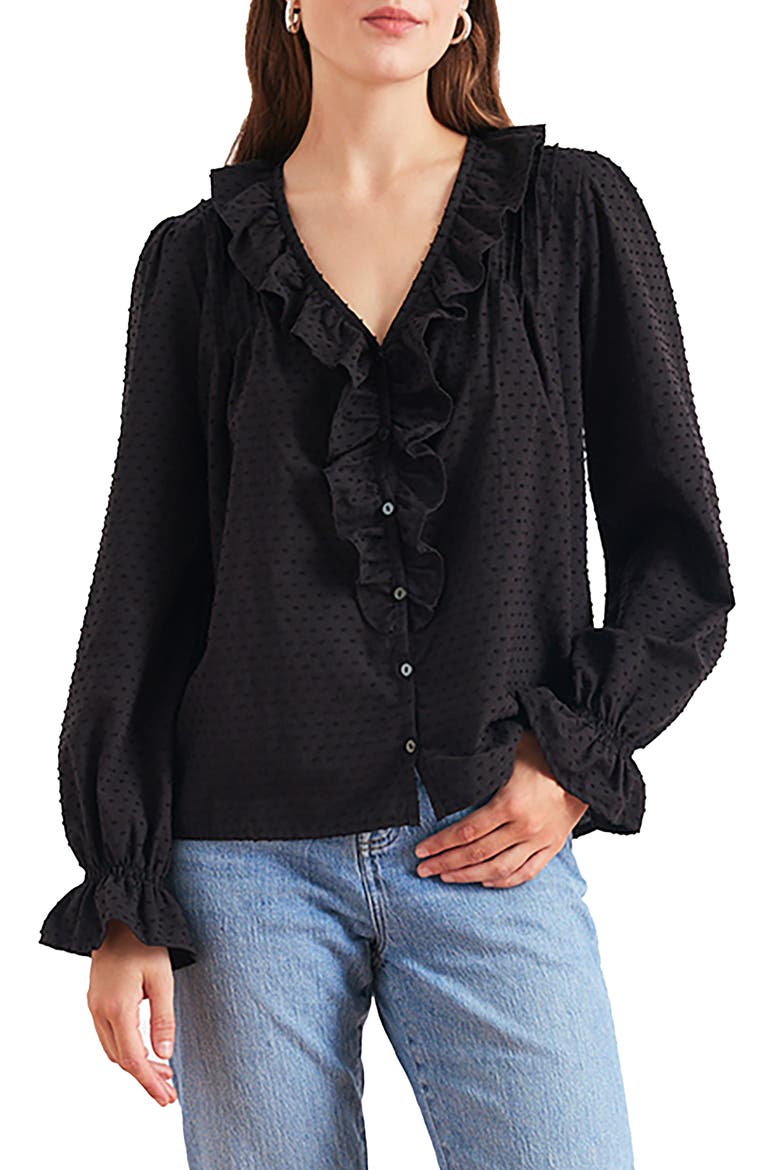 Long Sleeve Chloe Swiss Dot Ruffle Shirt, Main, color, Black