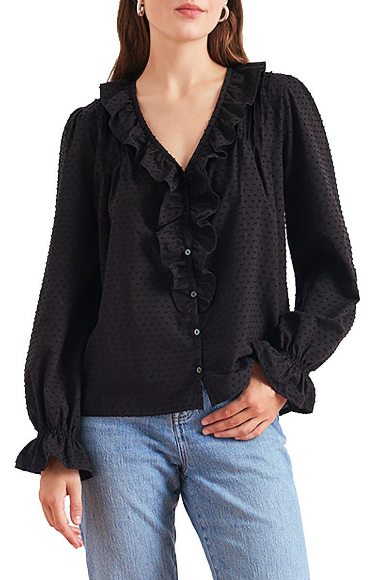Paneros Clothing Long Sleeve Chloe Swiss Dot Ruffle Shirt, Main, color, Black