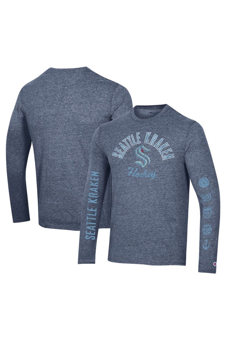 Men's Champion Heather Navy Seattle Kraken Multi-Logo Tri-Blend Long Sleeve T-Shirt, Main, color, Heather Navy