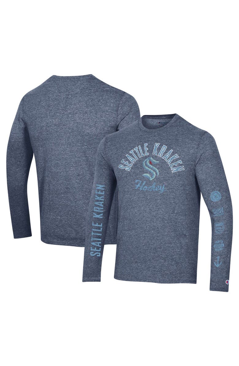 Champion Men's Champion Heather Navy Seattle Kraken Multi-Logo Tri-Blend Long Sleeve T-Shirt, Main, color, Heather Navy