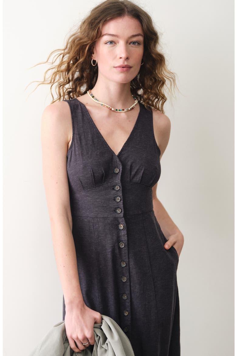 Camila Button Front Hemp Blend Maxi Dress, Alternate, color, BLACK