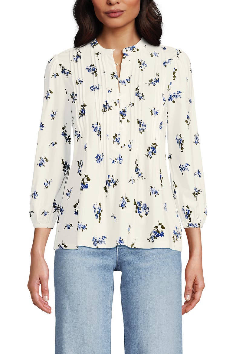 Lightweight Jersey Button Pintuck Top, Alternate, color, Ivory/Blue Bouquet