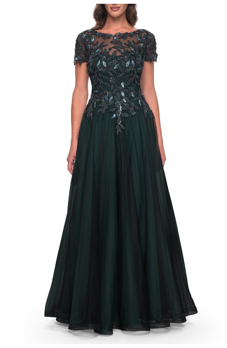 La Femme Beautiful A-Line Tulle Dress with Beaded Bodice, Main, color, Black/Emerald