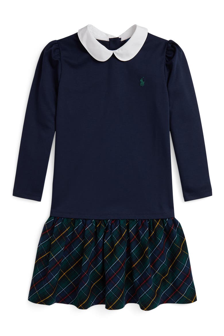 Kids' Long Sleeve Ponte Roma Dress, Main, color, NAVY