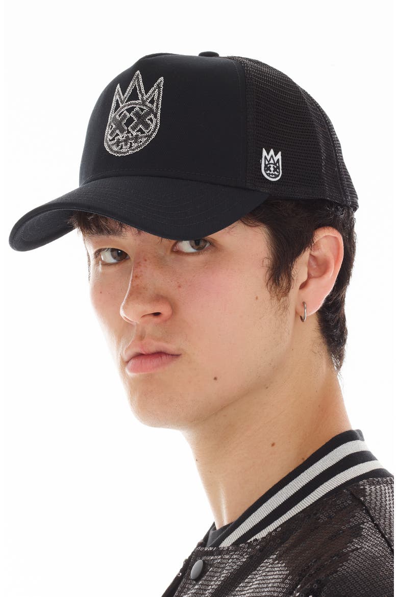 Sequins Logo Trucker Hat, Alternate, color, BLACK