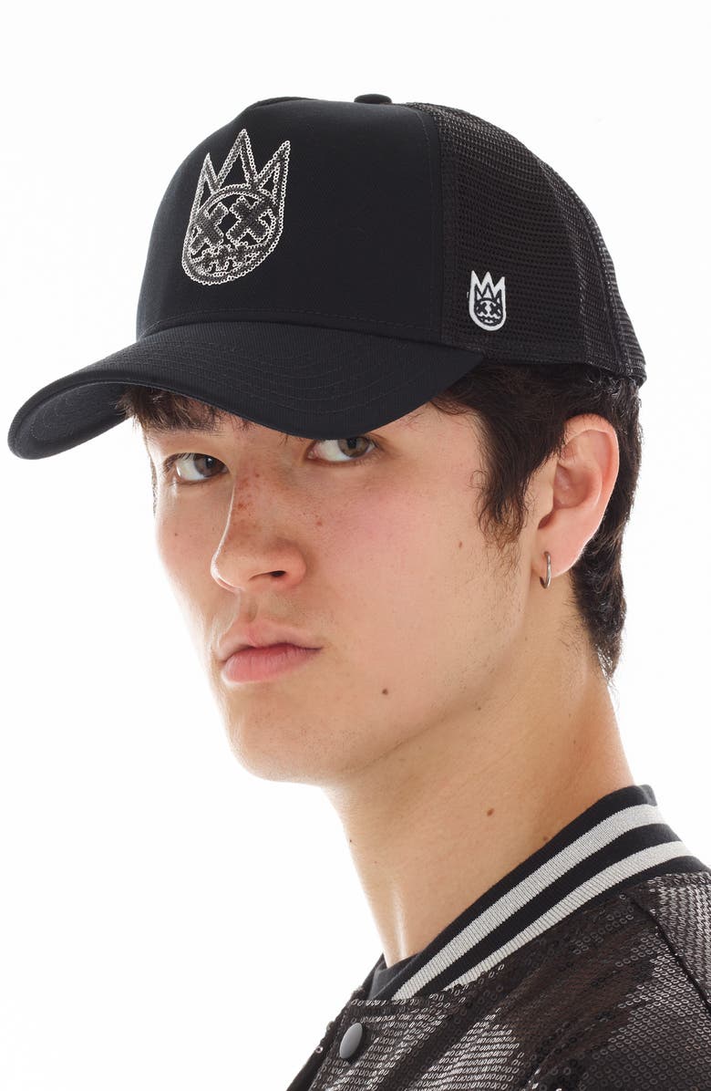 Cult of Individuality Sequins Logo Trucker Hat, Alternate, color, Black