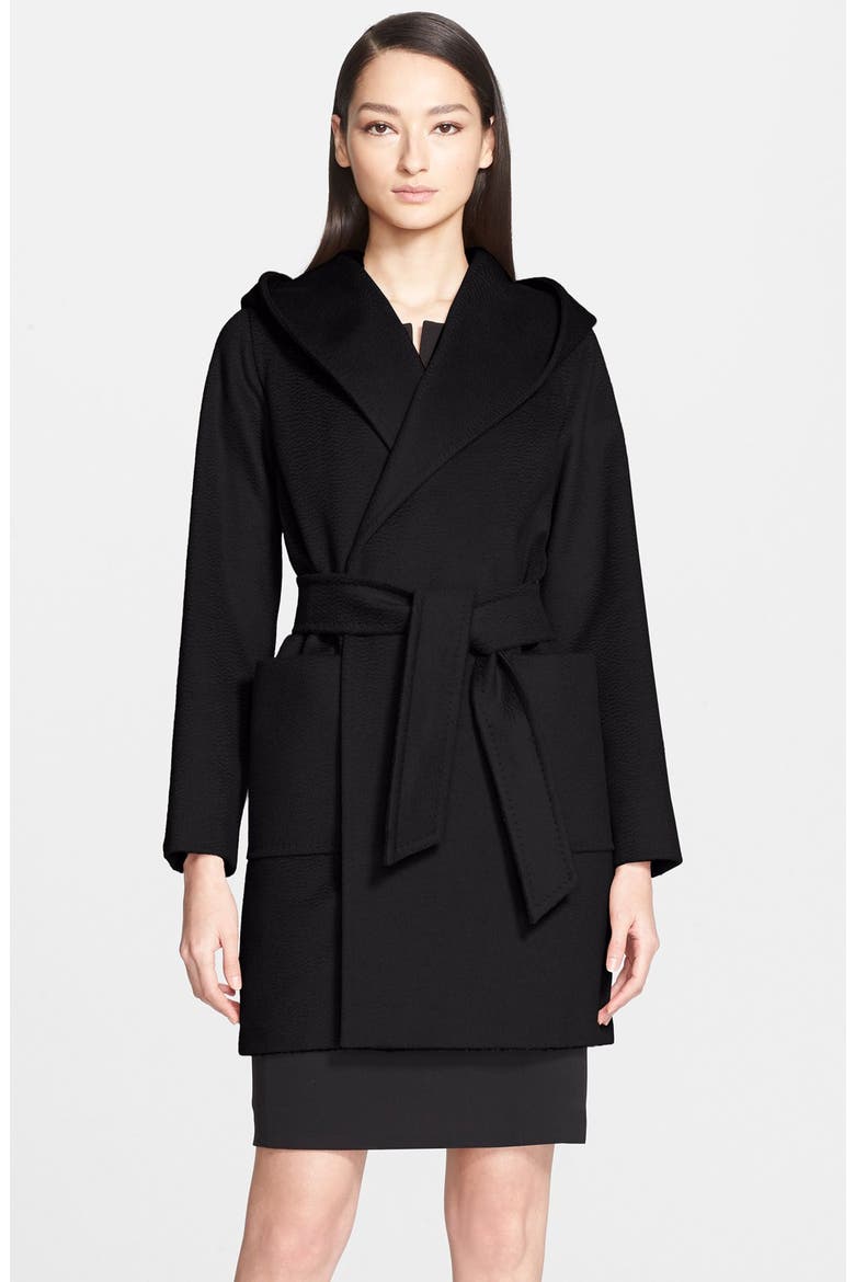 'Rialto' Hooded Camel Hair Wrap Coat, Alternate, color, BLACK