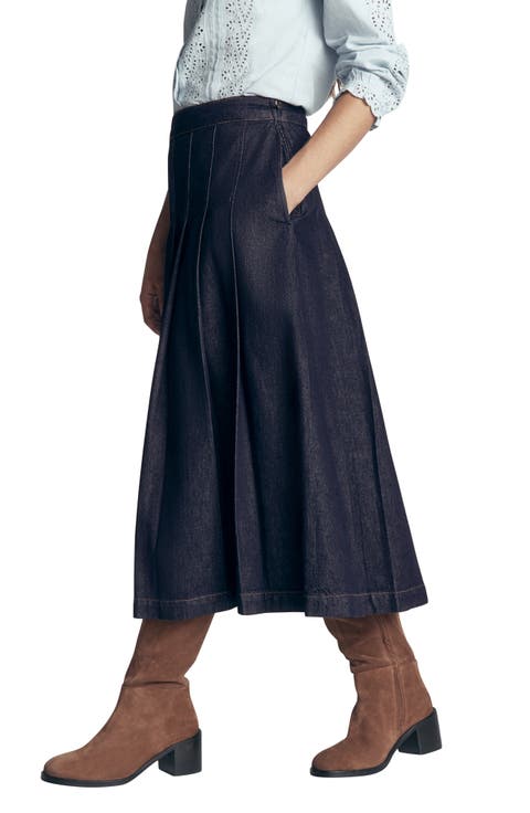 Aya Pleated Denim Midi Skirt