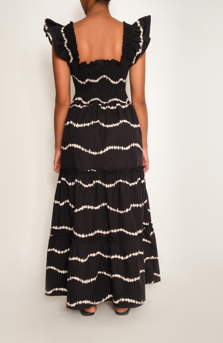 The Lulo Project Sunset Print Smocked Stretch Cotton Maxi Dress, Alternate, color, Black Waves
