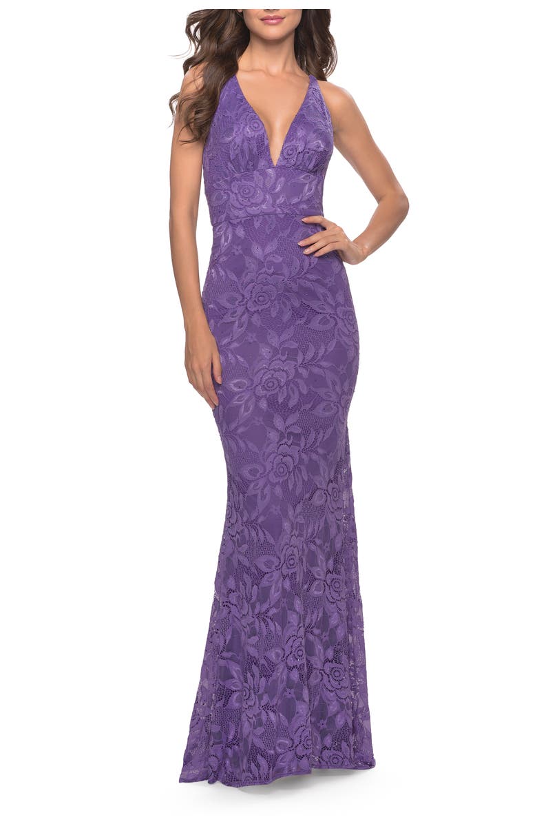 La Femme Fitted Stretch Lace Prom Dress with Banded Waist, Main, color, Purple